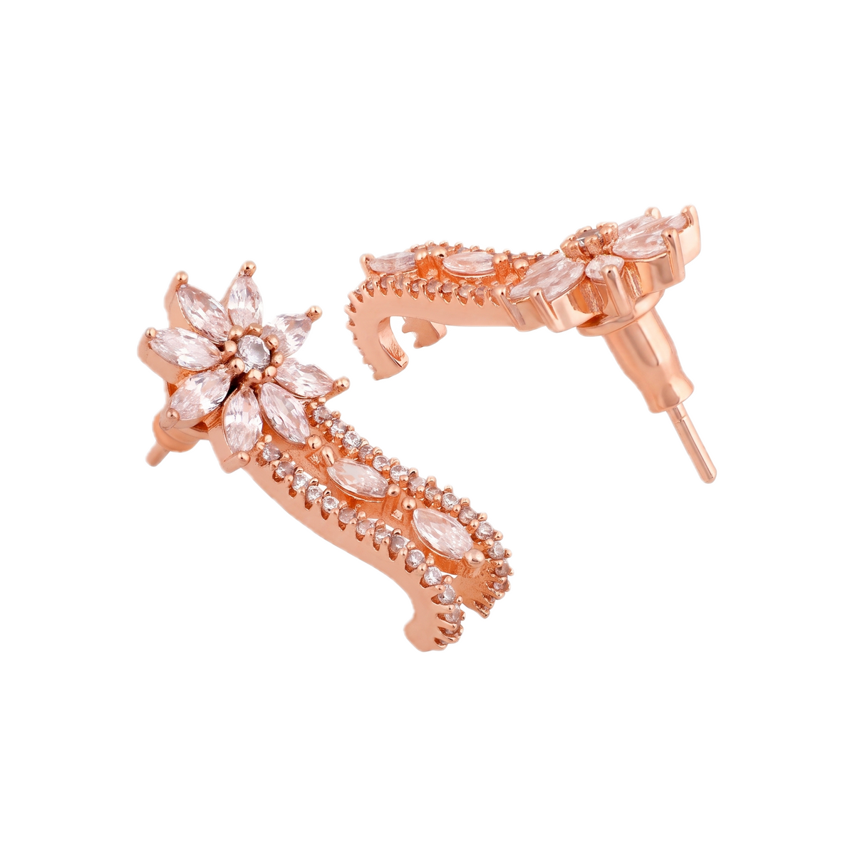 Glamorous Rose Gold-Plated American Diamond Contemporary Leaf Stud Earrings