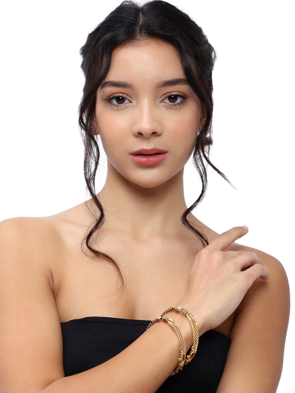 Exquisite Gold-Plated Bow Filigree CZ Bangles (Set of 2)