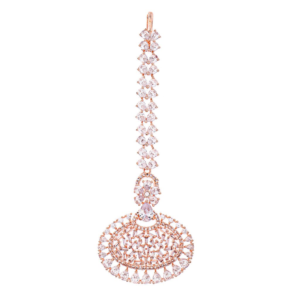 Glamorous Rose Gold-Plated American Diamond Oval Medallion Maang Tikka