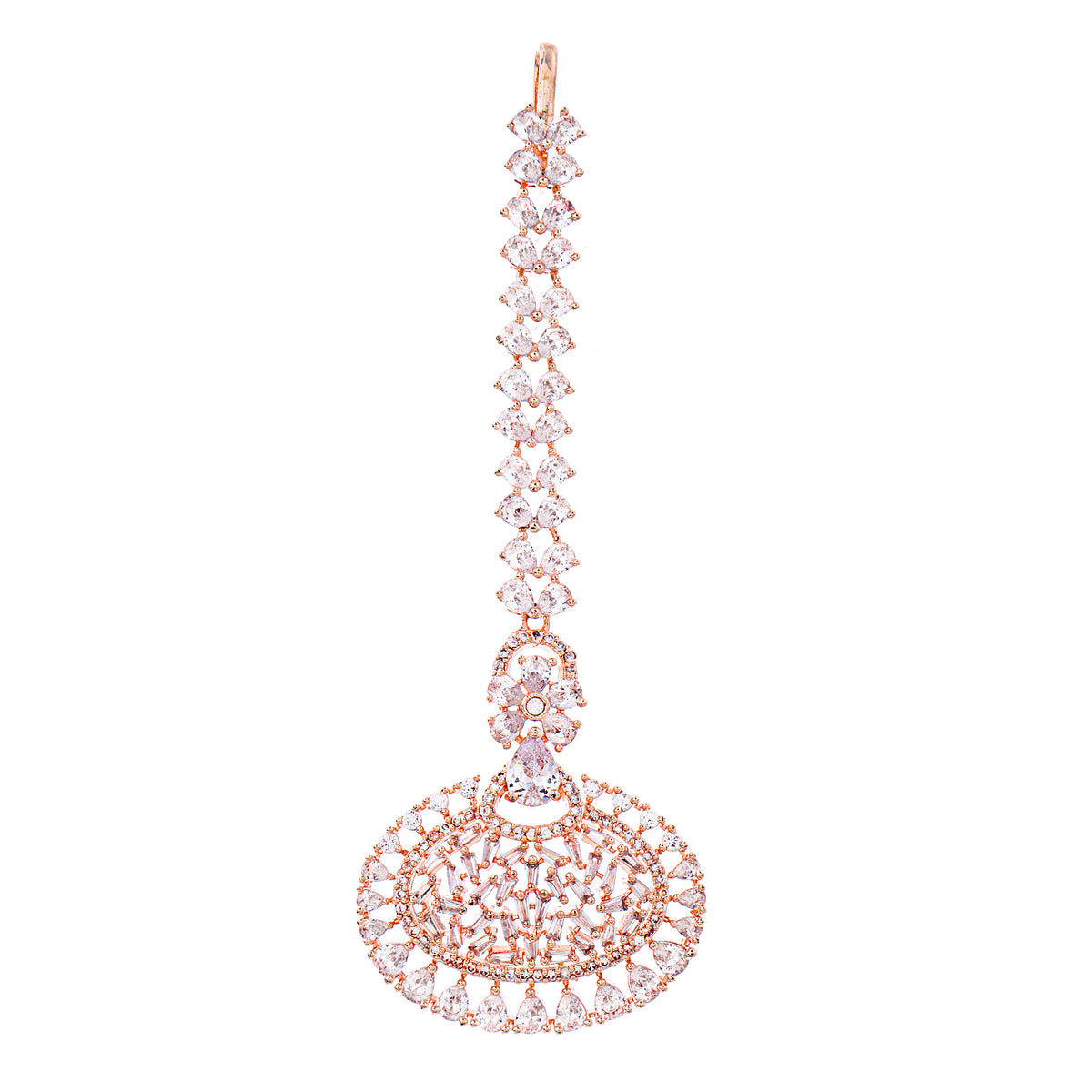 Glamorous Rose Gold-Plated American Diamond Oval Medallion Maang Tikka