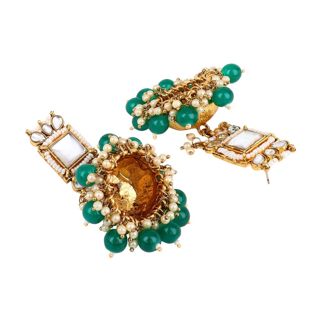 Stunning Gold-Plated Kundan & Emerald-Green Beaded Jhumka Earrings