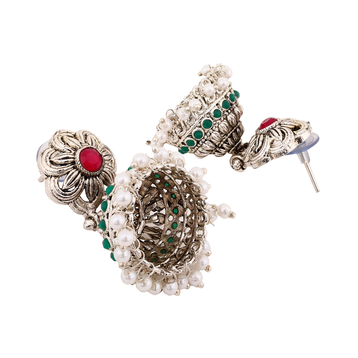 Chic Silver-Plated Oxidized Red & Green Jhumka Earrings
