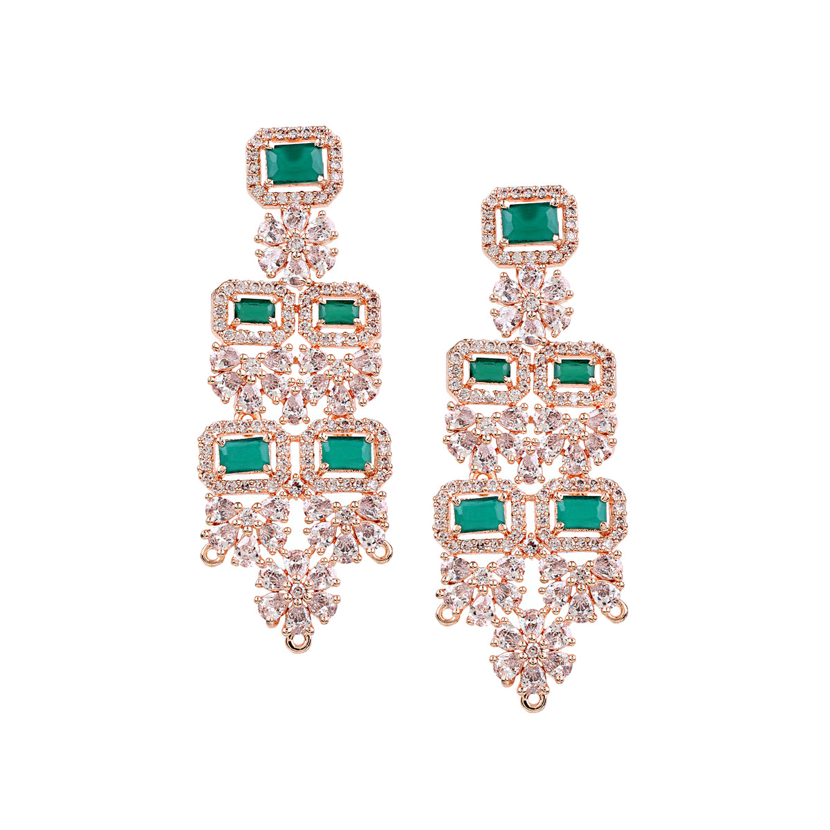 Glamorous Rose Gold-Plated Green & CZ Marquise Drop Earrings