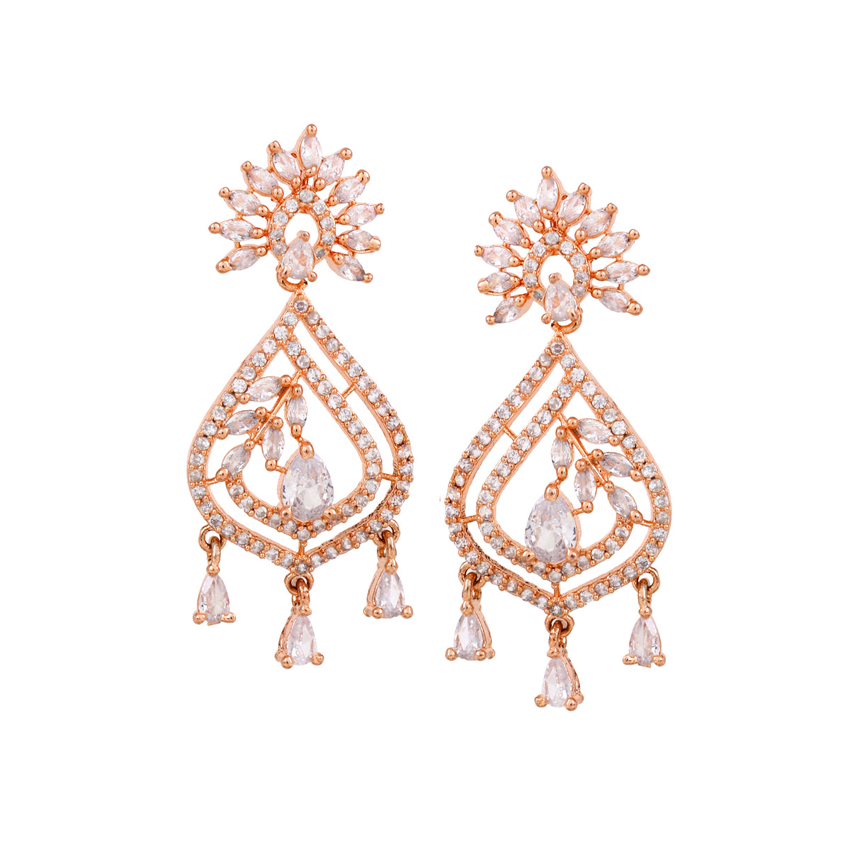 Rose Gold-Plated Intricate American Diamond Geometric Drop Earrings