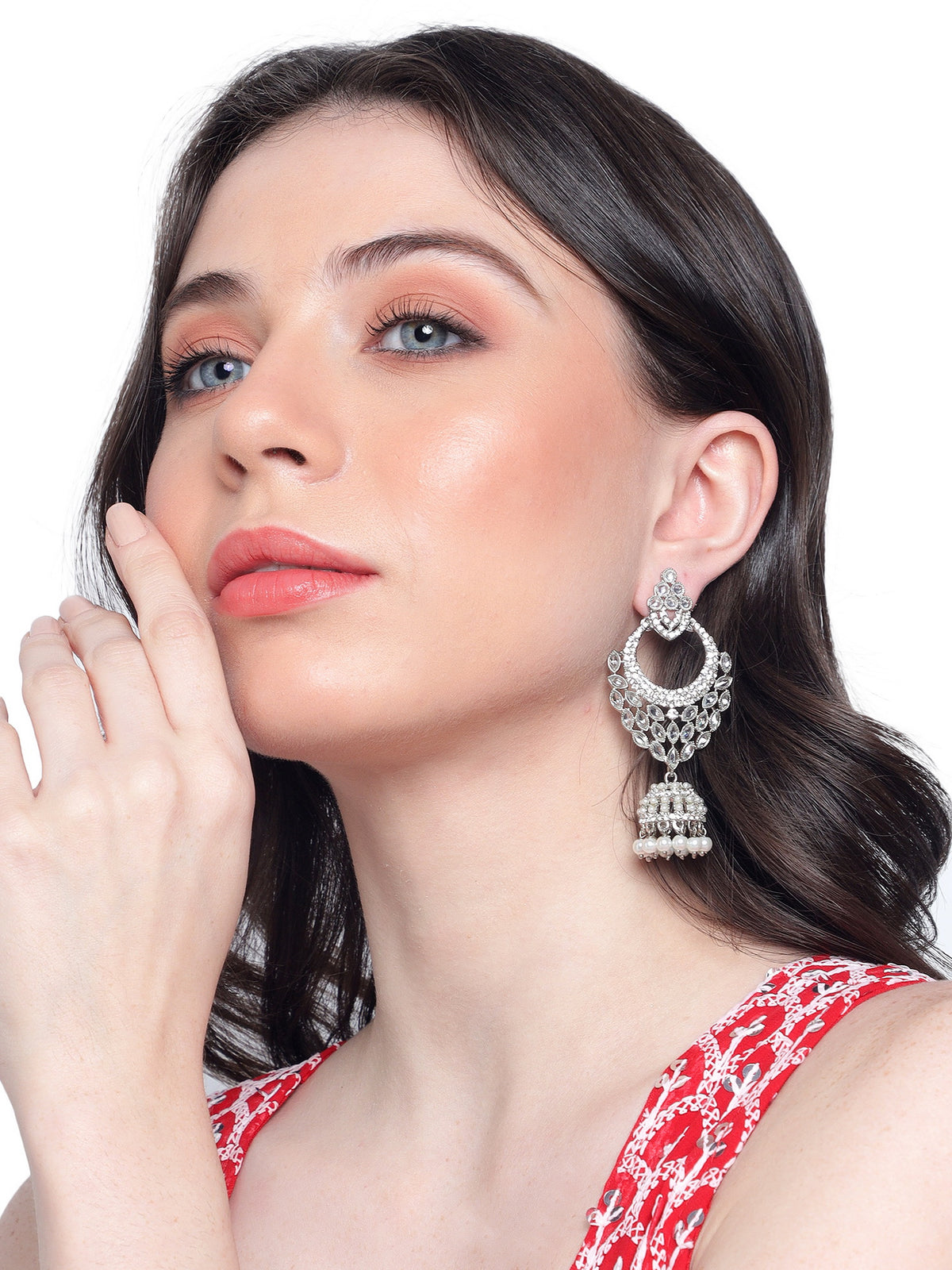 Elegant Silver-Plated Geometric American Diamond Drop Jhumkas