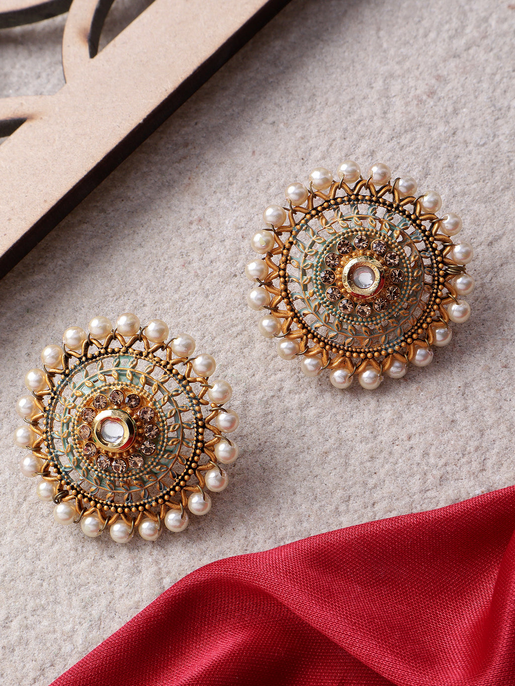 Regal Gold-Plated Kundan & Faux-Pearl Beaded Classic Stud Earrings