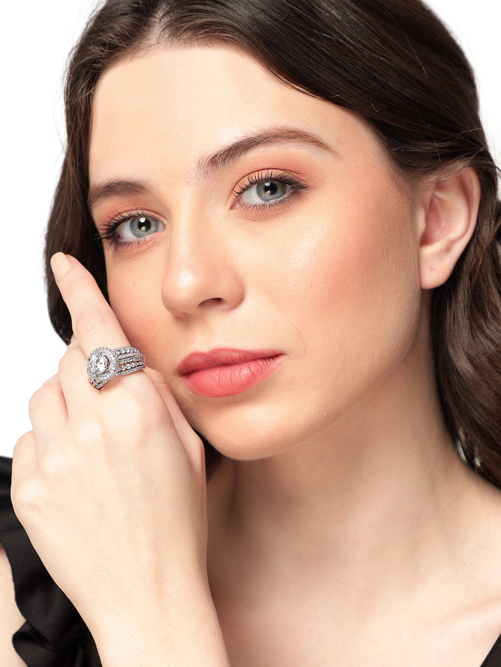 Glamorous Silver-Plated Faux Cubic Zirconia Intricate Statement Ring