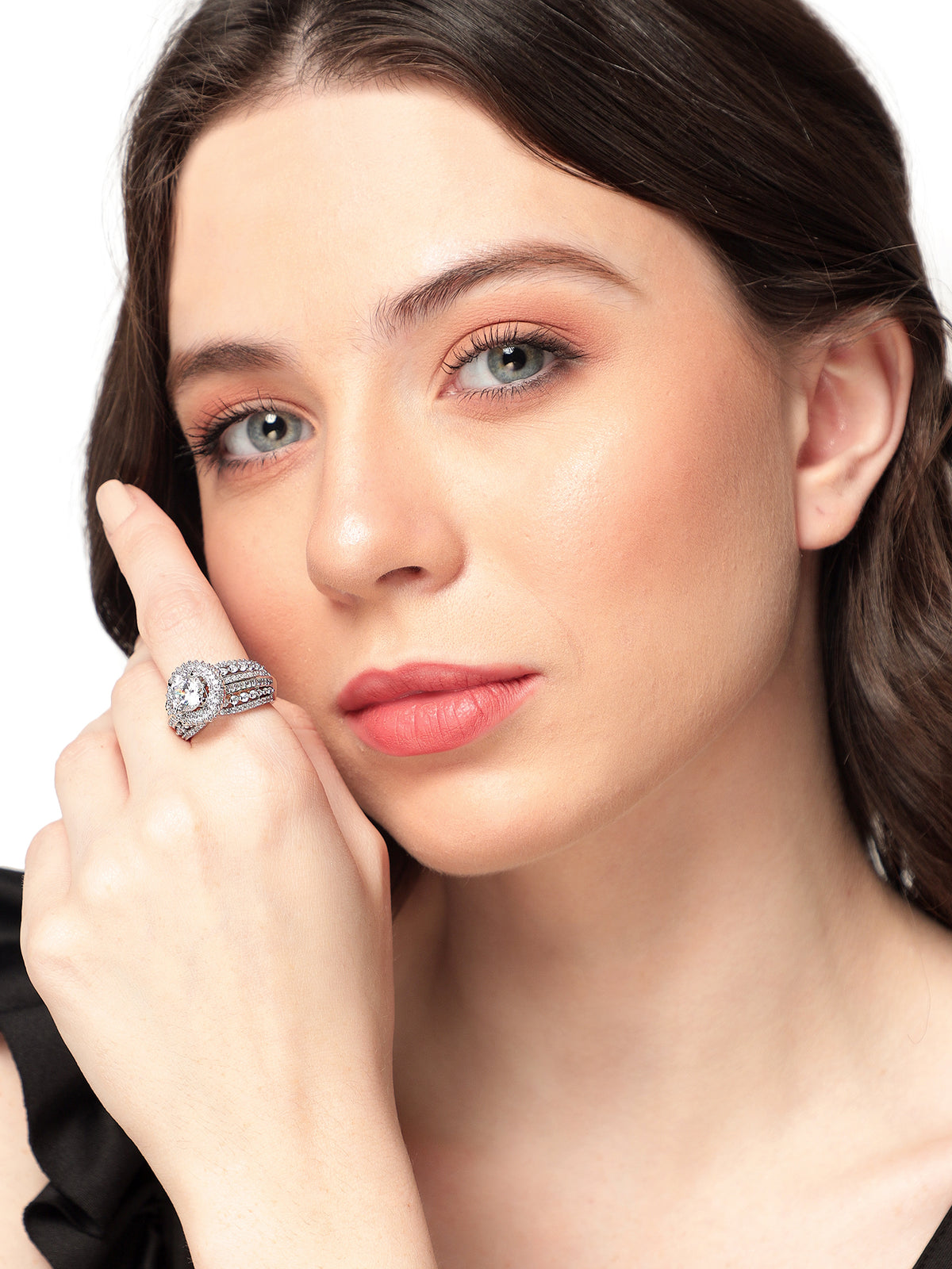 Glamorous Silver-Plated Faux Cubic Zirconia Intricate Statement Ring