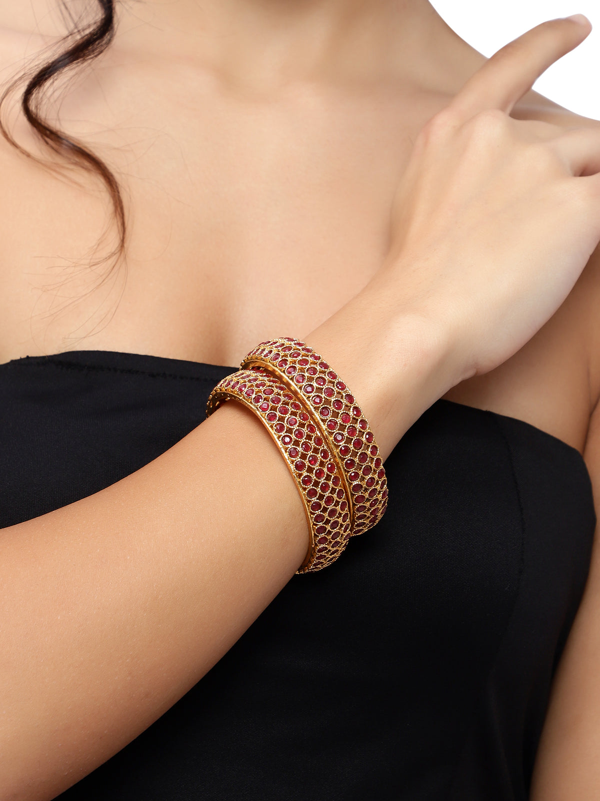Classic Gold-Plated Ruby Stone Jaali Bangles (Set of 2)