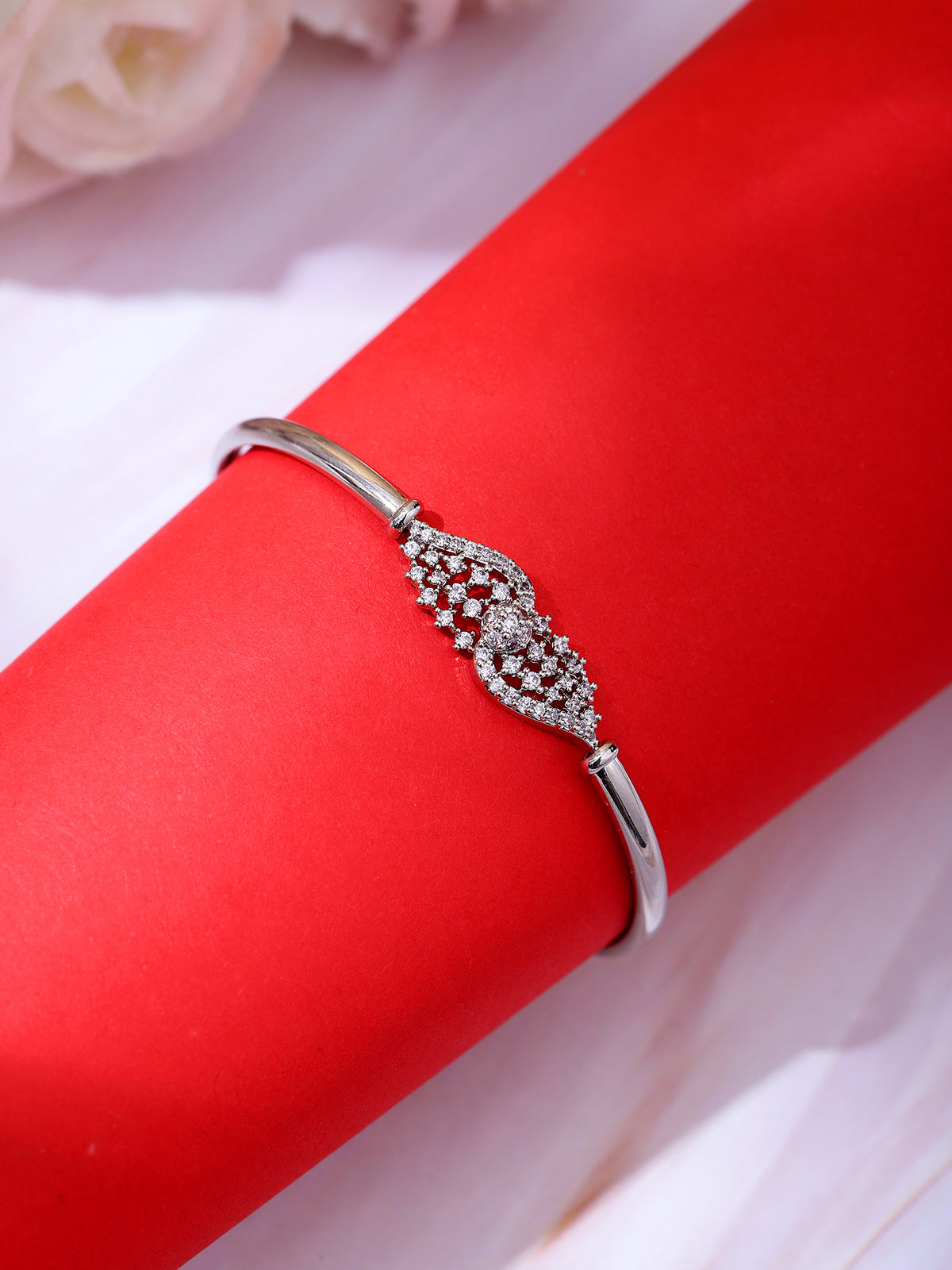 Sleek Silver-Plated American Diamond Studded Bangle-Style Bracelet