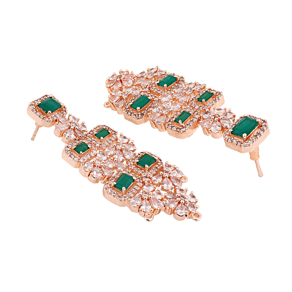 Glamorous Rose Gold-Plated Green & CZ Marquise Drop Earrings