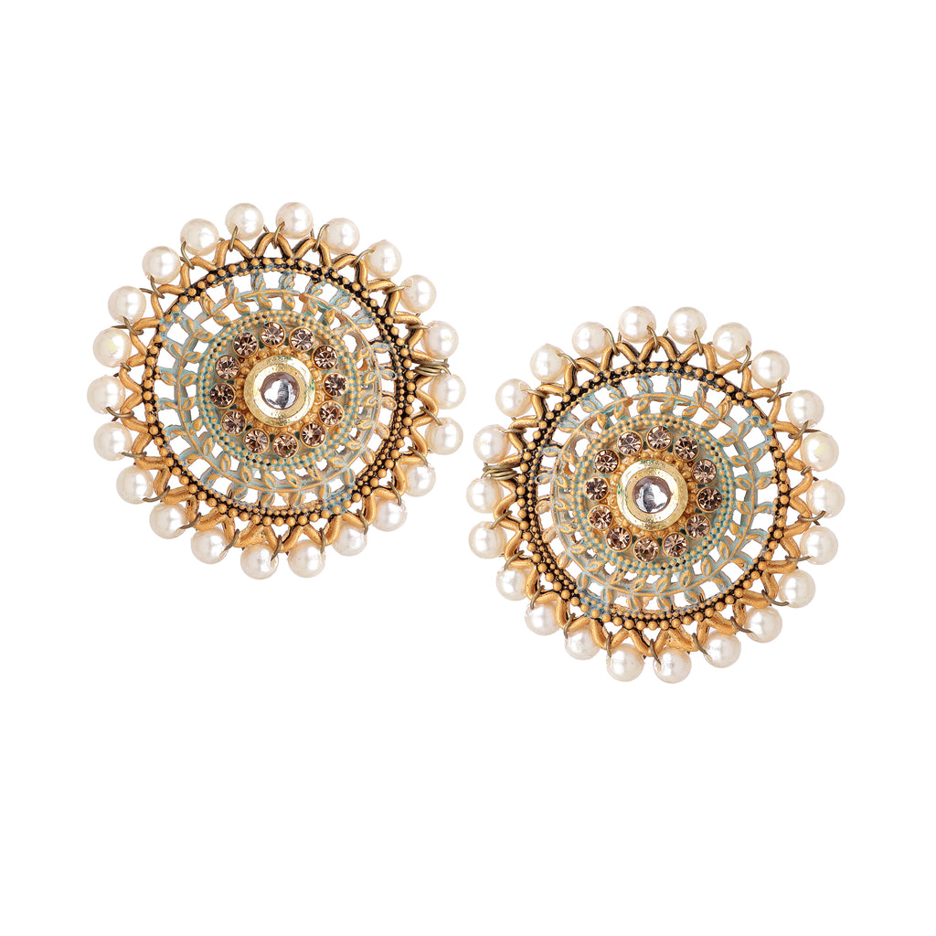 Regal Gold-Plated Kundan & Faux-Pearl Beaded Classic Stud Earrings