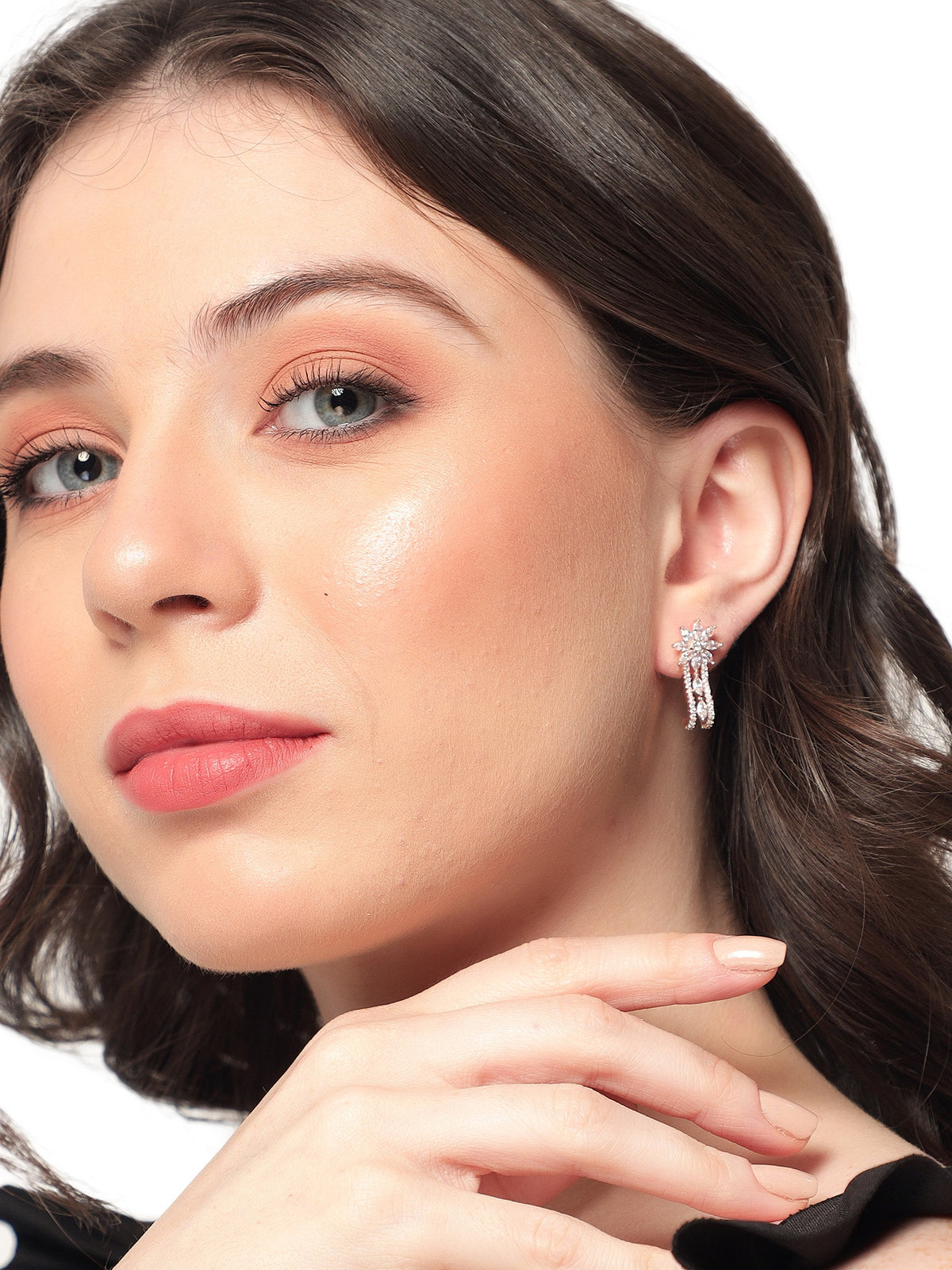 Glamorous Rose Gold-Plated American Diamond Contemporary Leaf Stud Earrings