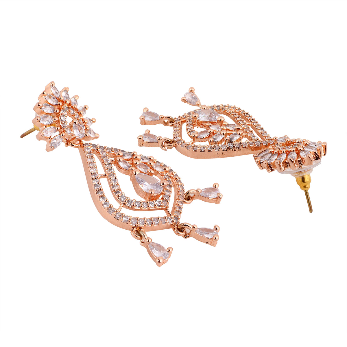 Rose Gold-Plated Intricate American Diamond Geometric Drop Earrings