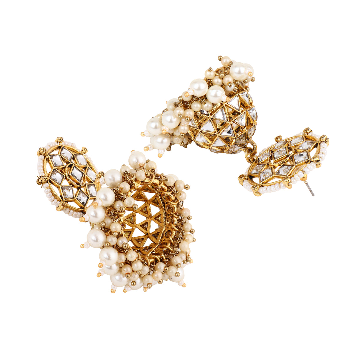 Regal Gold-Plated Moon-Cut Kundan & Faux-Pearl Jhumka Earrings