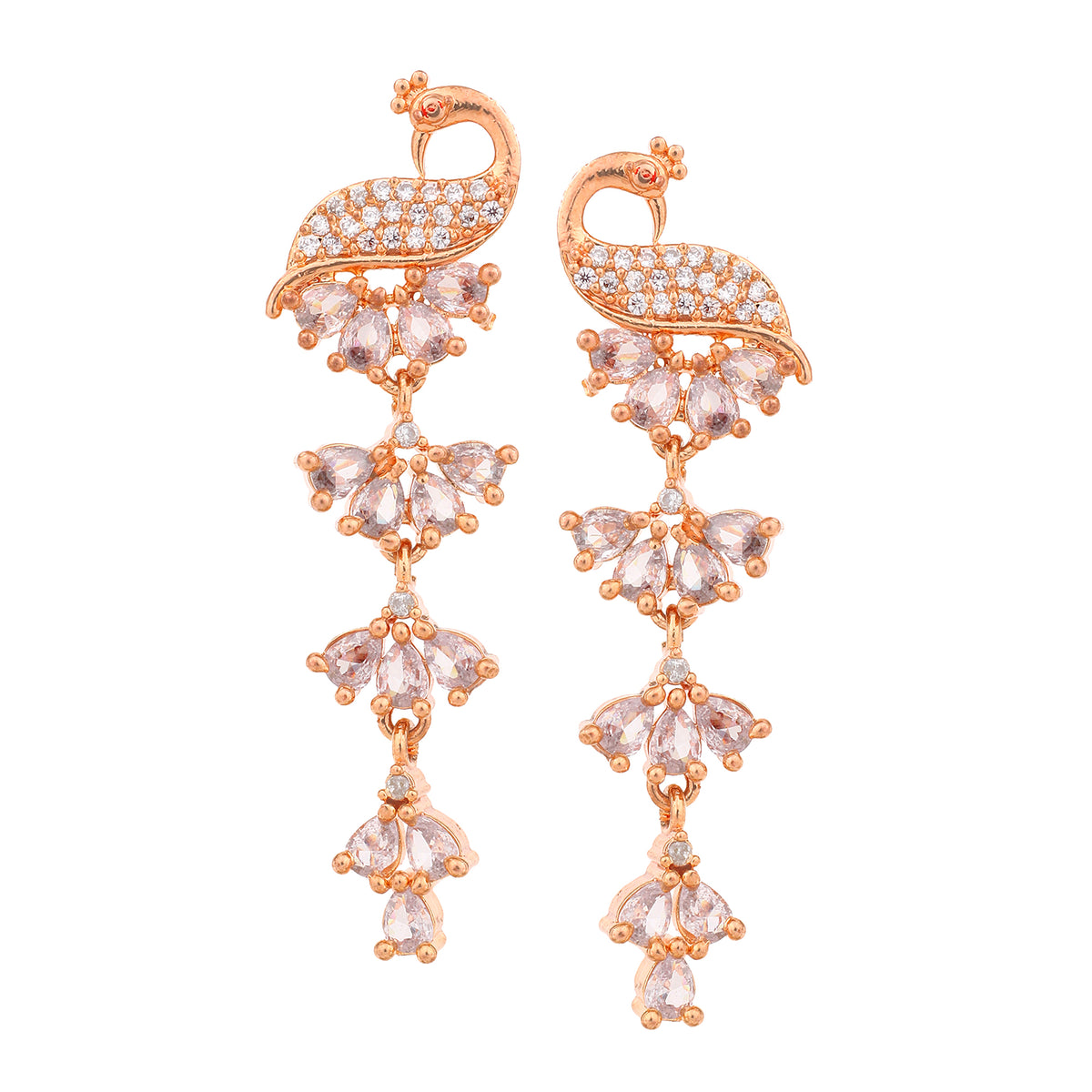 Enchanting Rose Gold-Plated CZ Peacock Shaped Drop Earrings
