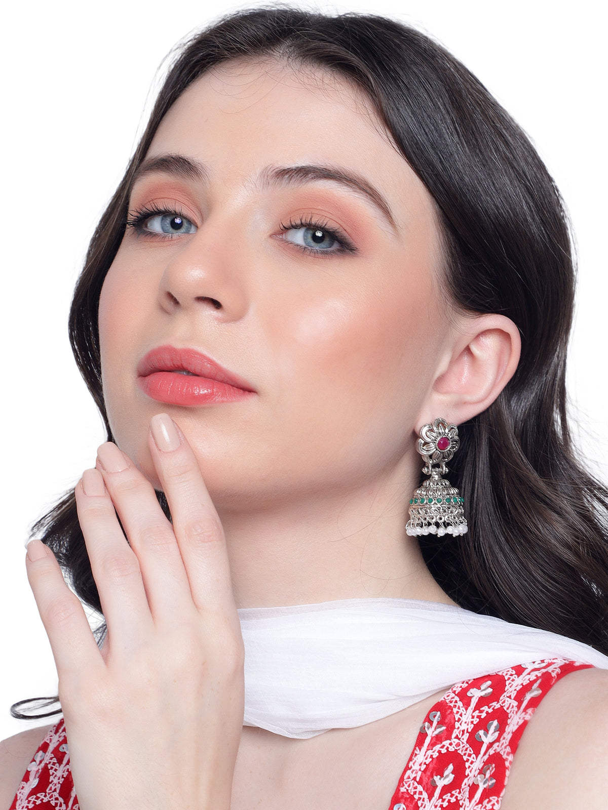 Chic Silver-Plated Oxidized Red & Green Jhumka Earrings