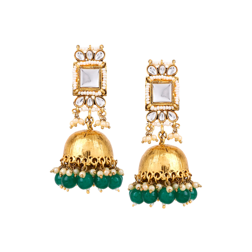 Stunning Gold-Plated Kundan & Emerald-Green Beaded Jhumka Earrings