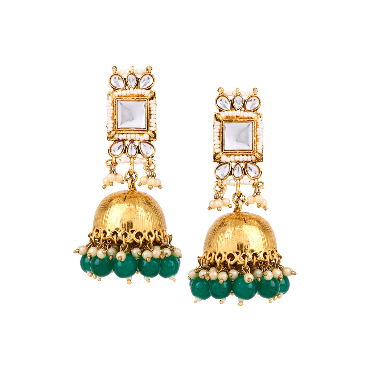 Stunning Gold-Plated Kundan & Emerald-Green Beaded Jhumka Earrings