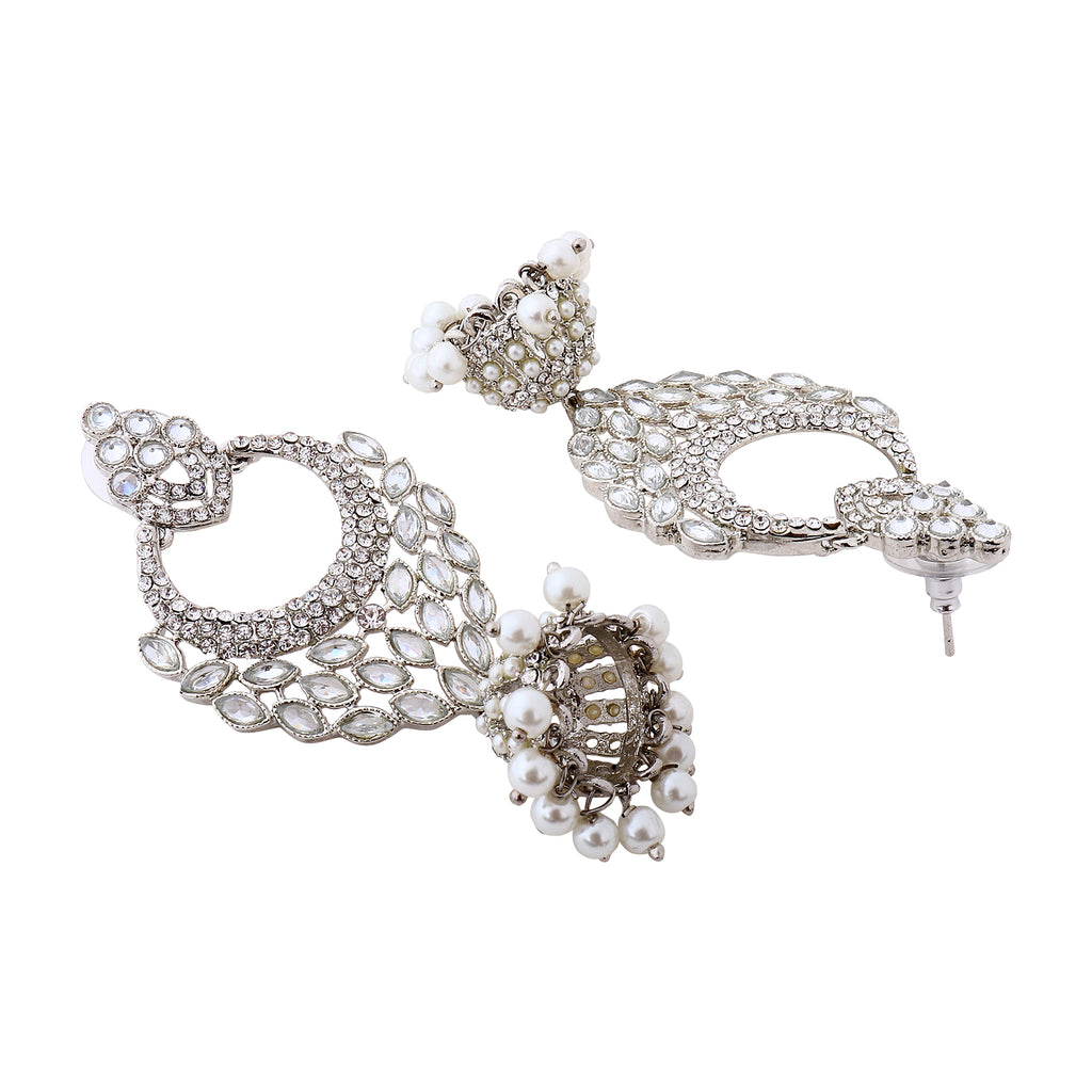 Elegant Silver-Plated Geometric American Diamond Drop Jhumkas