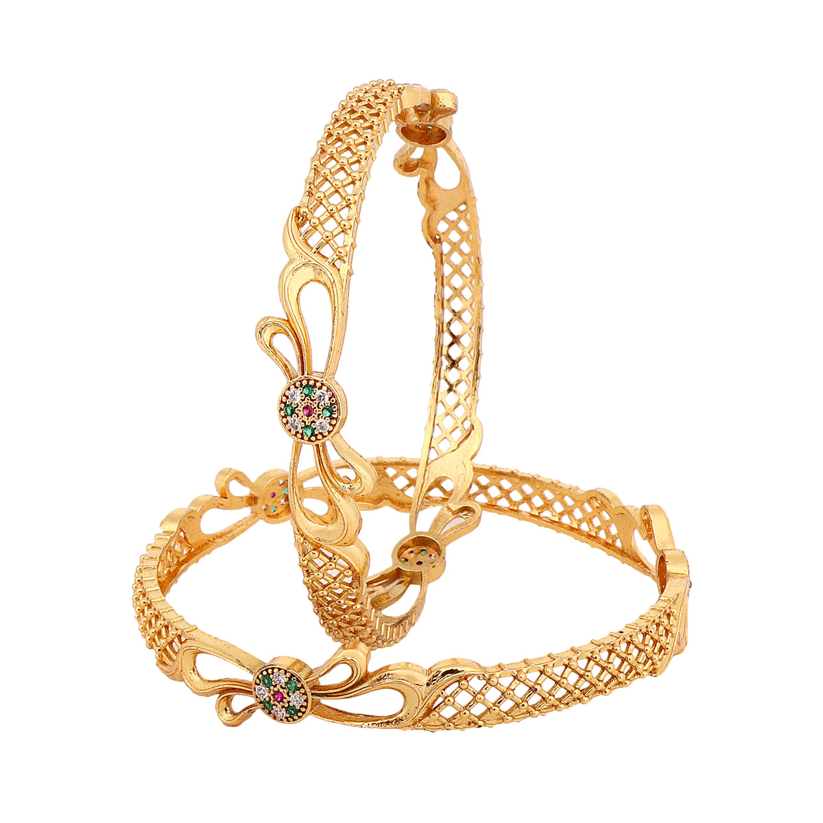 Exquisite Gold-Plated Bow Filigree CZ Bangles (Set of 2)