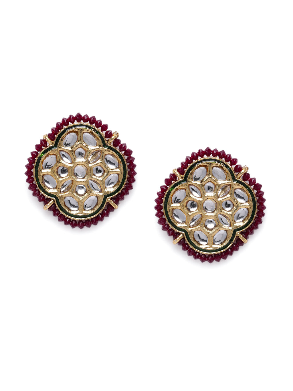 Regal Gold-Plated Maroon Kundan Statement Stud Earrings