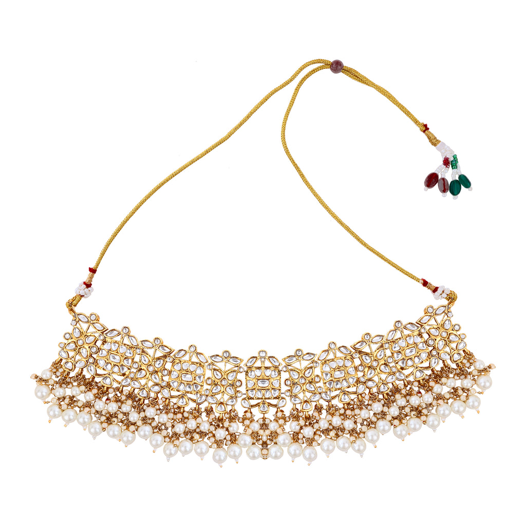 Regal Gold-Plated Kundan-Studded & Pearls Beaded Choker Jewellery Set