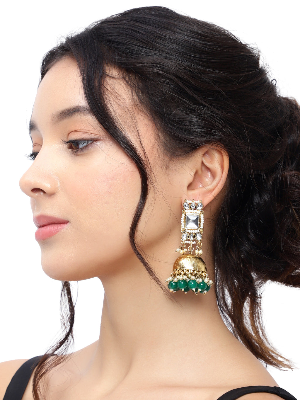 Stunning Gold-Plated Kundan & Emerald-Green Beaded Jhumka Earrings