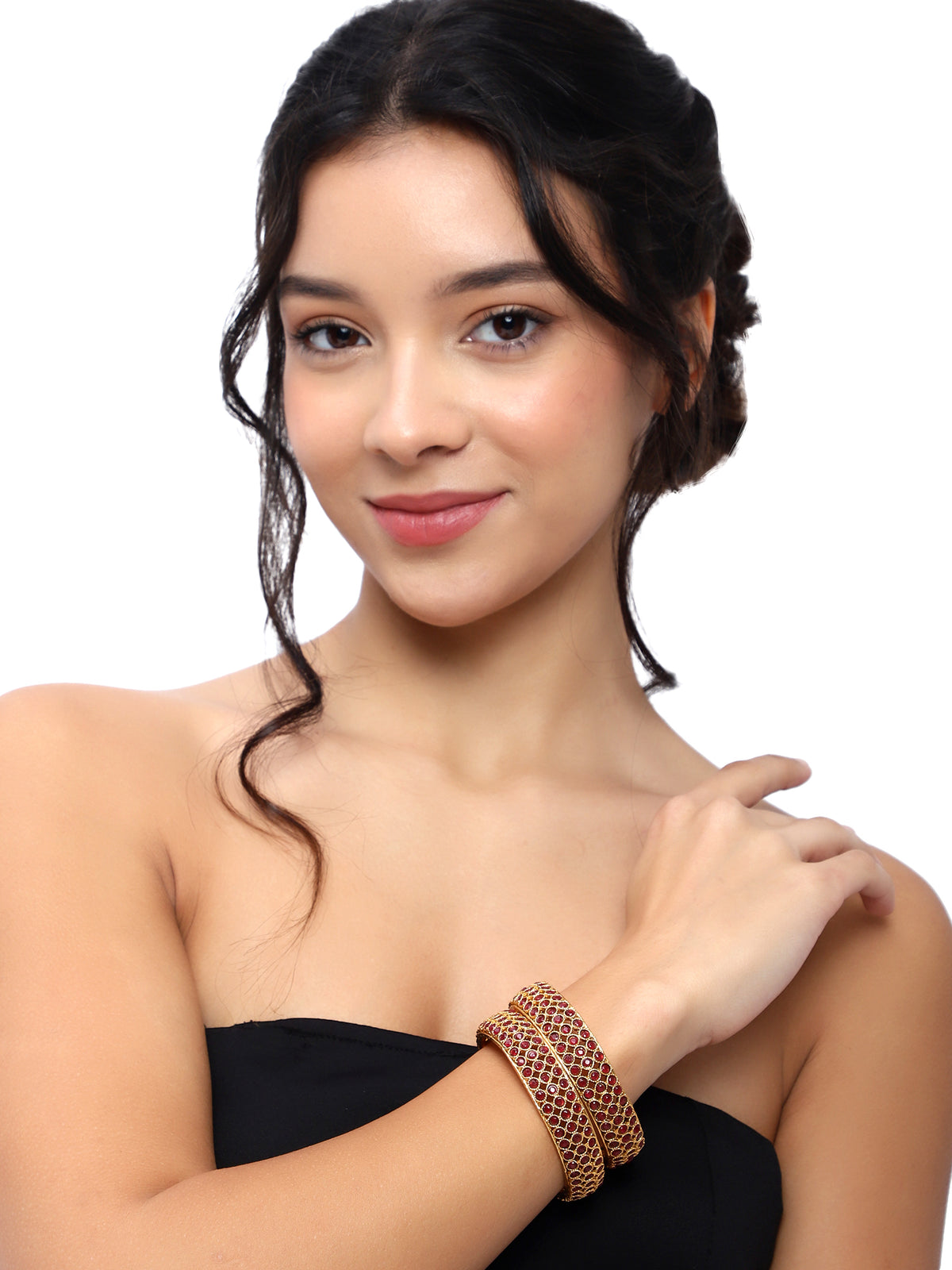 Classic Gold-Plated Ruby Stone Jaali Bangles (Set of 2)