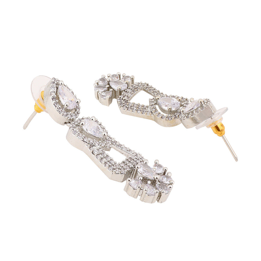 Glamorous Silver-Plated American Diamond Contemporary Drop Earrings