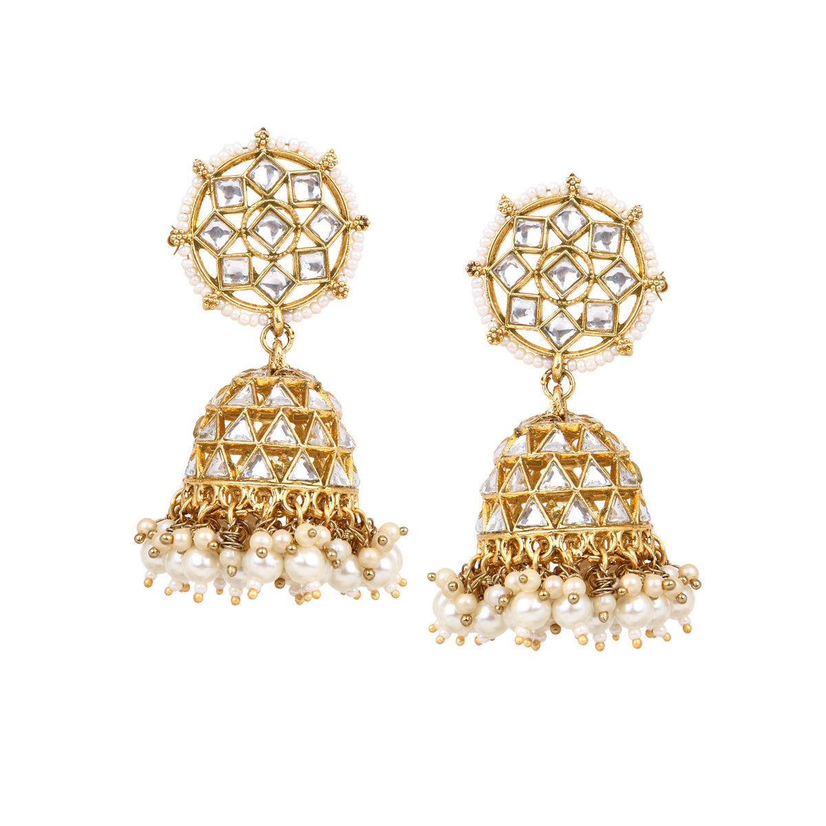 Regal Gold-Plated Moon-Cut Kundan & Faux-Pearl Jhumka Earrings
