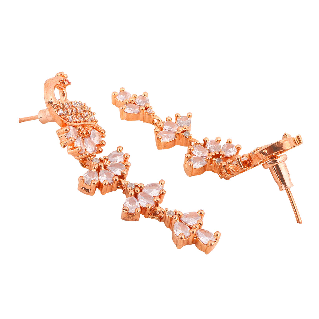 Enchanting Rose Gold-Plated CZ Peacock Shaped Drop Earrings