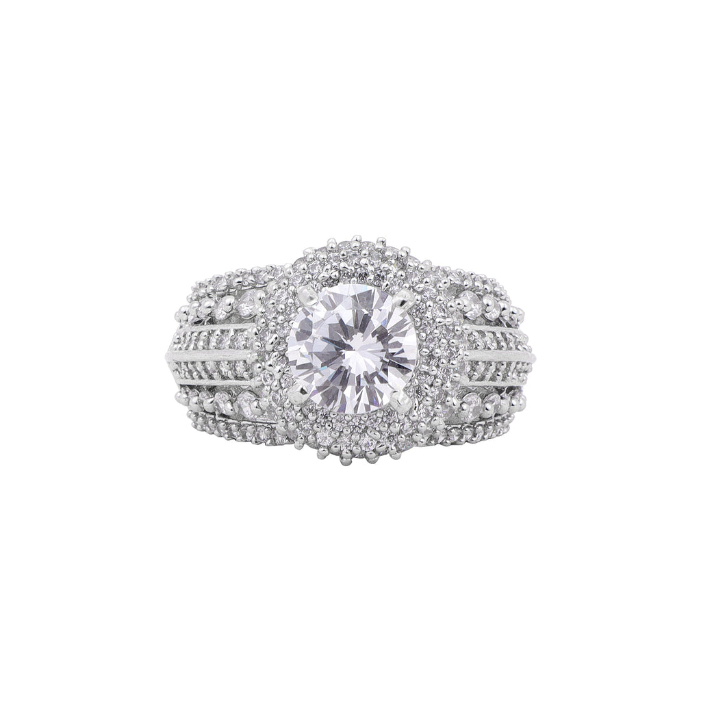 Glamorous Silver-Plated Faux Cubic Zirconia Intricate Statement Ring