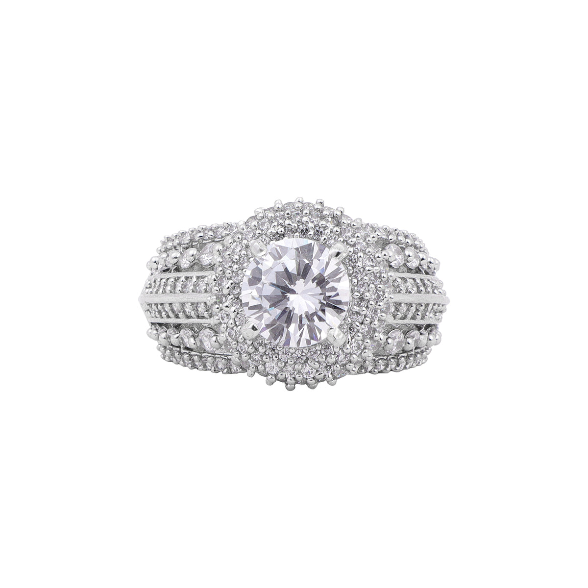 Glamorous Silver-Plated Faux Cubic Zirconia Intricate Statement Ring