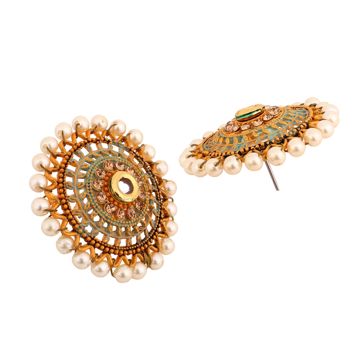 Regal Gold-Plated Kundan & Faux-Pearl Beaded Classic Stud Earrings
