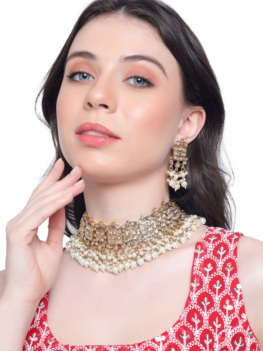 Regal Gold-Plated Kundan-Studded & Pearls Beaded Choker Jewellery Set
