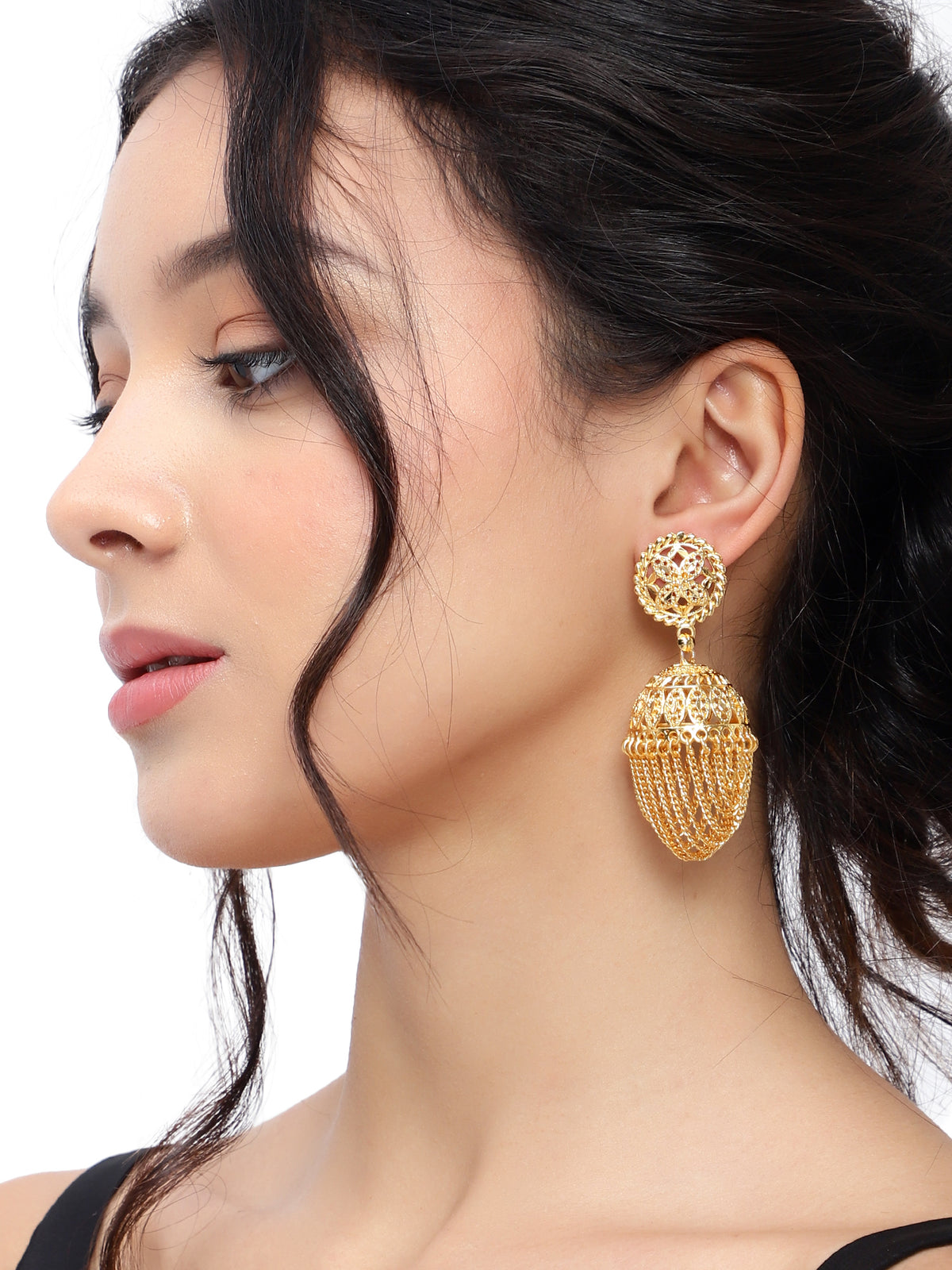 Grand Gold-Plated Contemporary Multi-Tiered Jhumka Earrings