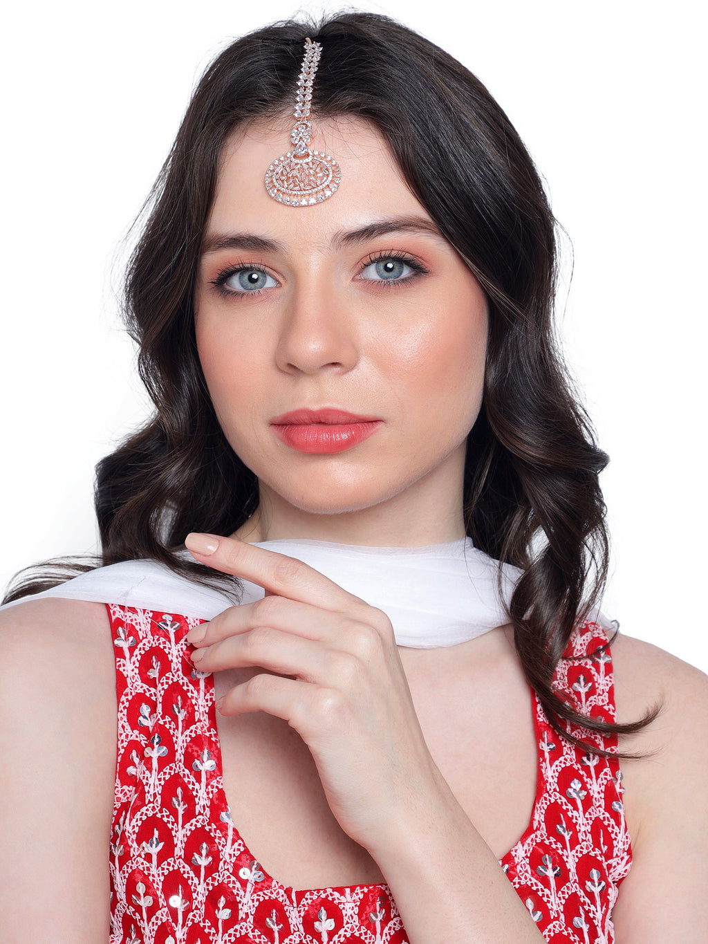 Glamorous Rose Gold-Plated American Diamond Oval Medallion Maang Tikka