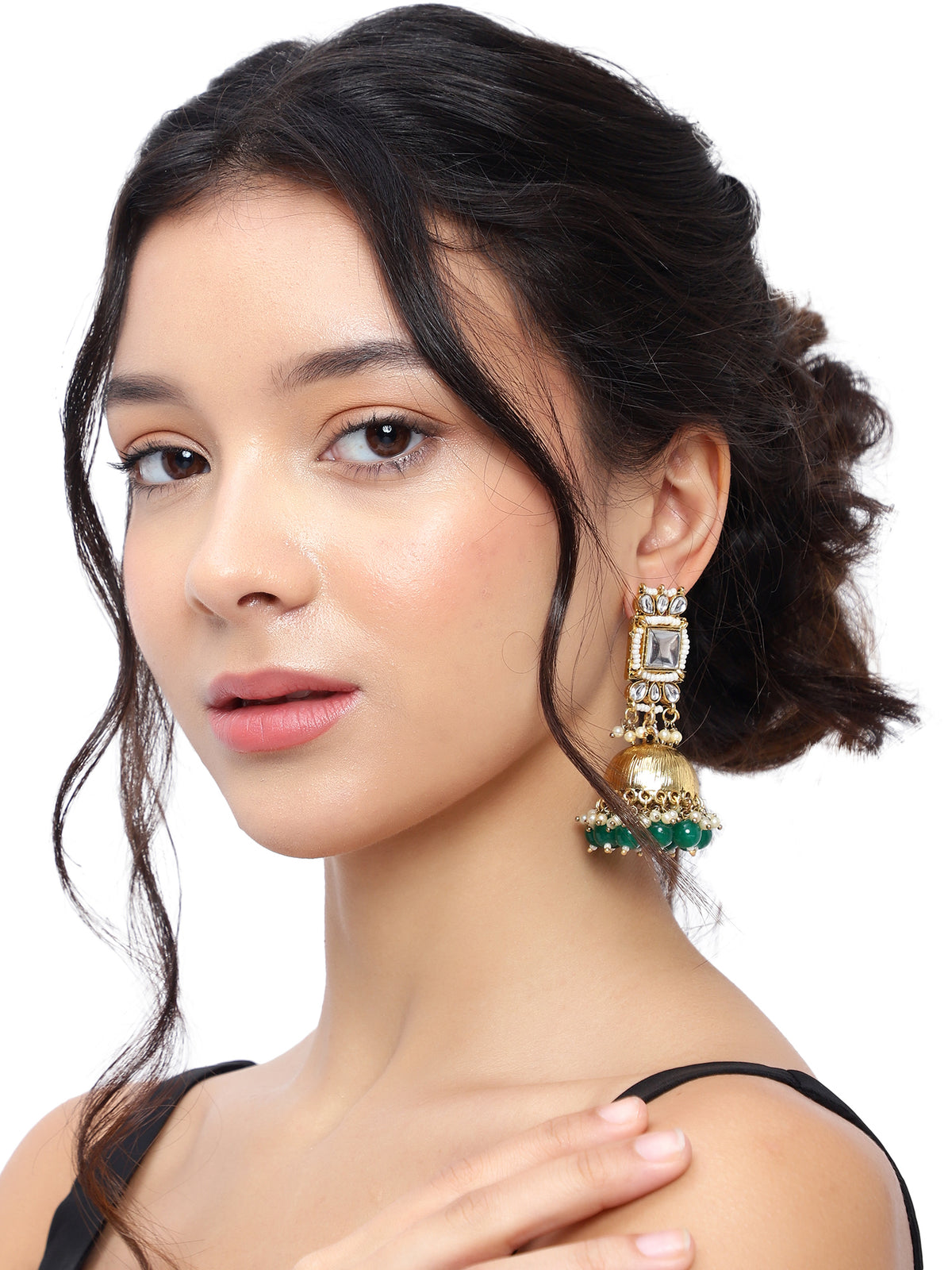 Stunning Gold-Plated Kundan & Emerald-Green Beaded Jhumka Earrings