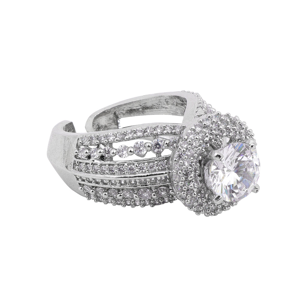 Glamorous Silver-Plated Faux Cubic Zirconia Intricate Statement Ring