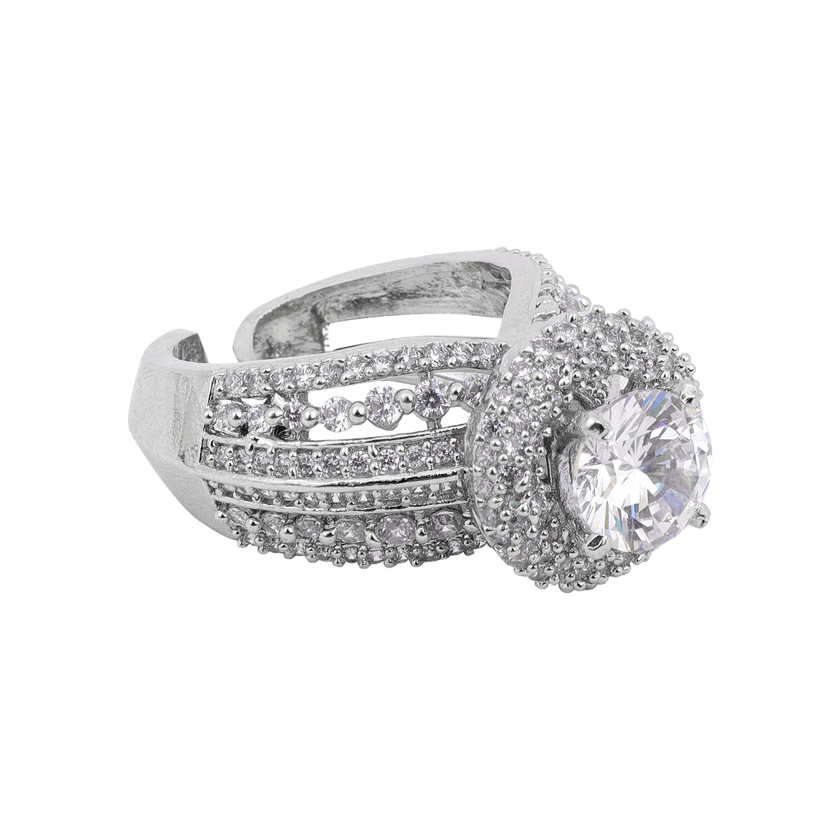 Glamorous Silver-Plated Faux Cubic Zirconia Intricate Statement Ring