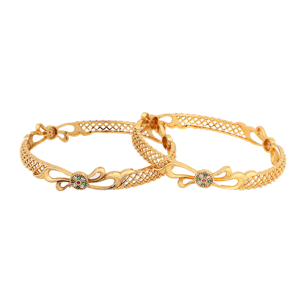 Exquisite Gold-Plated Bow Filigree CZ Bangles (Set of 2)