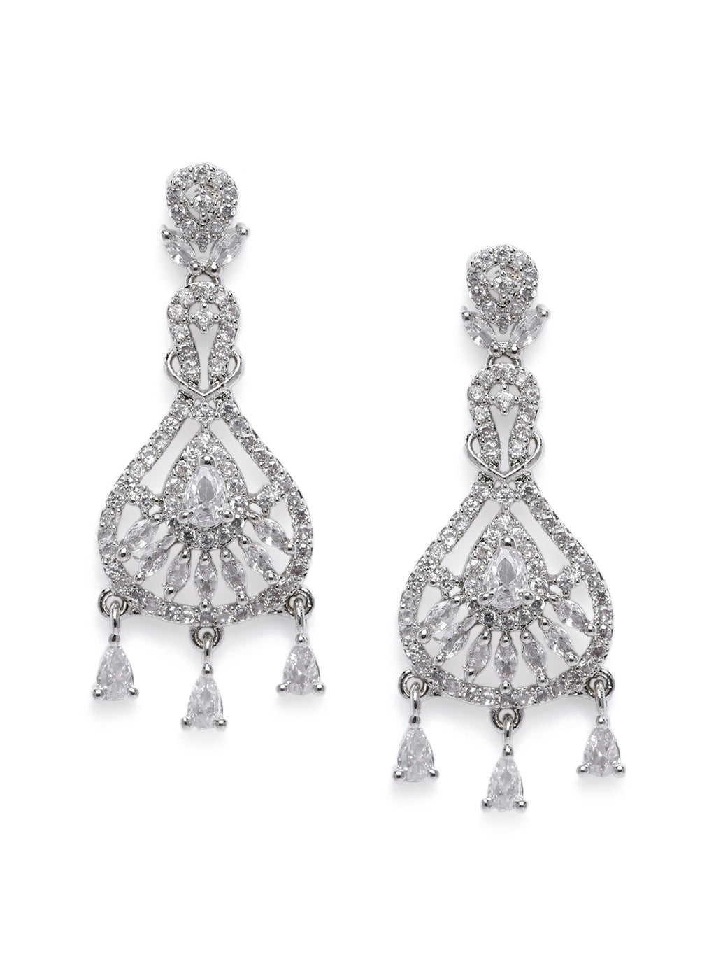 Glamorous Silver-Plated American Diamond CZ Leaf Drop Earrings