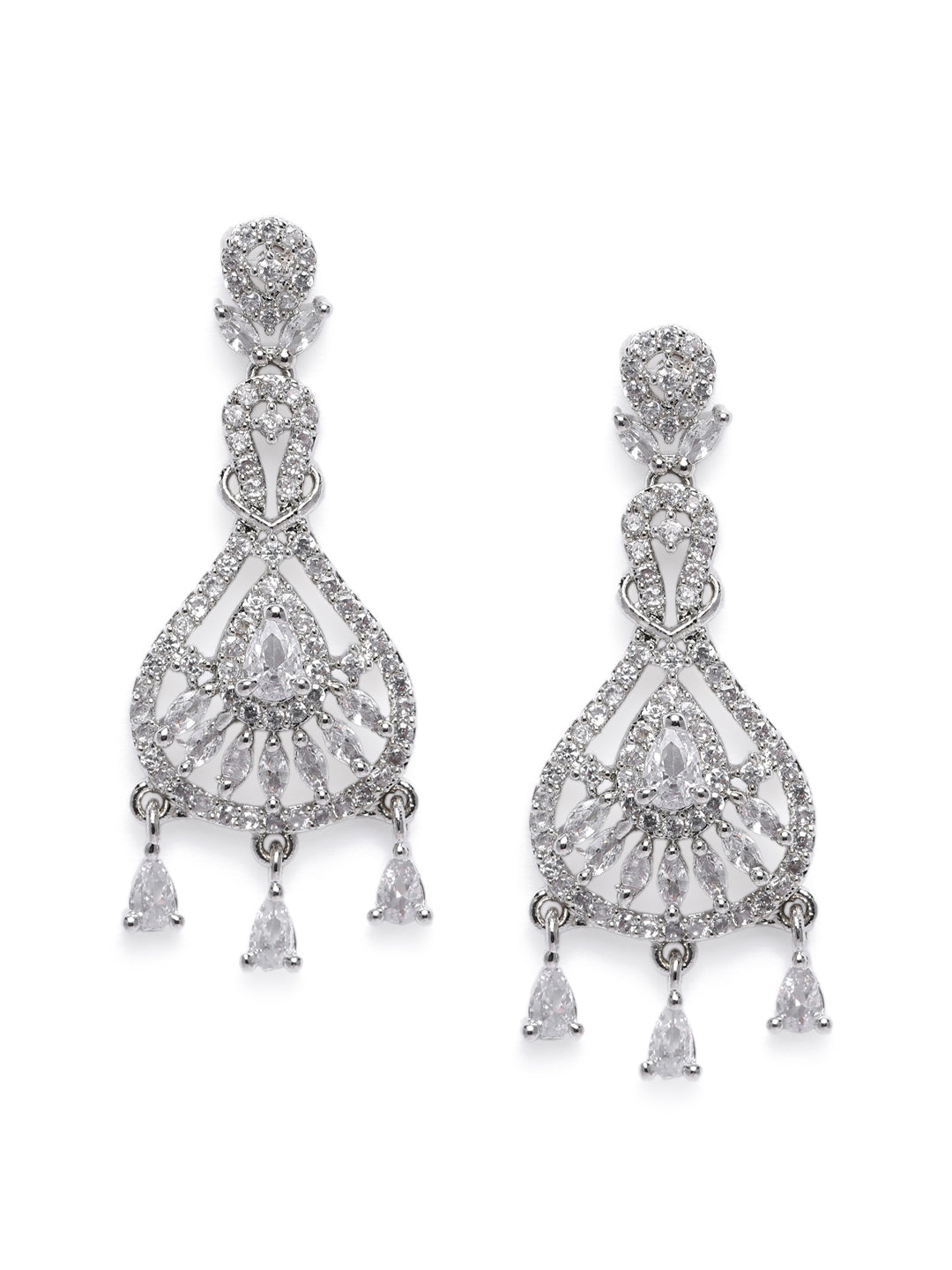 Glamorous Silver-Plated American Diamond CZ Leaf Drop Earrings