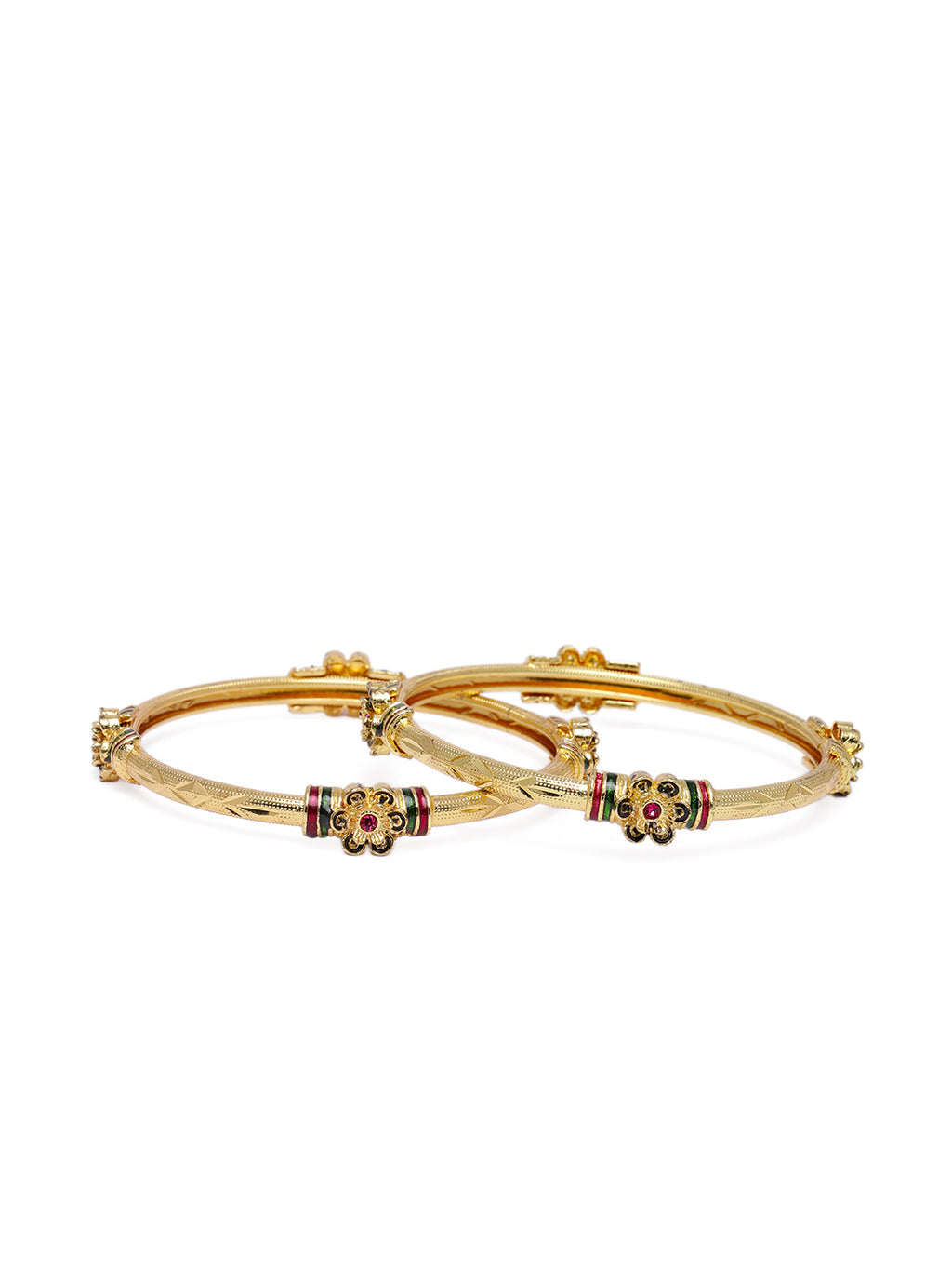 Elegant Gold-Plated Meenakari Floral Accent Bangles (Set of 2)