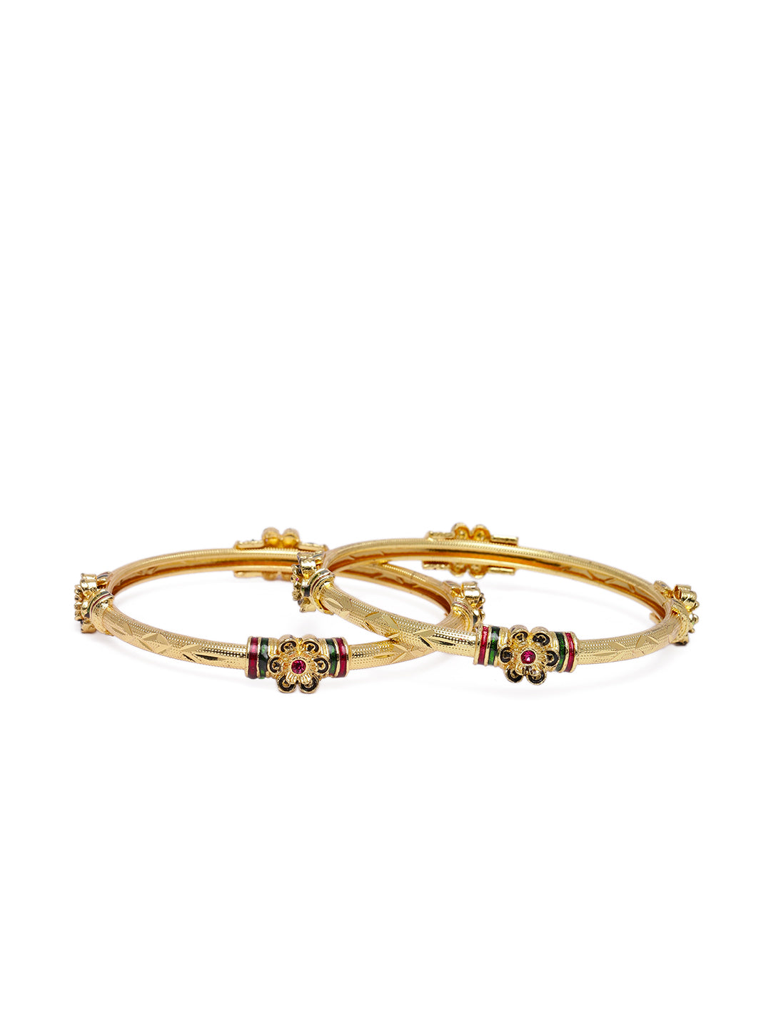 Elegant Gold-Plated Meenakari Floral Accent Bangles (Set of 2)