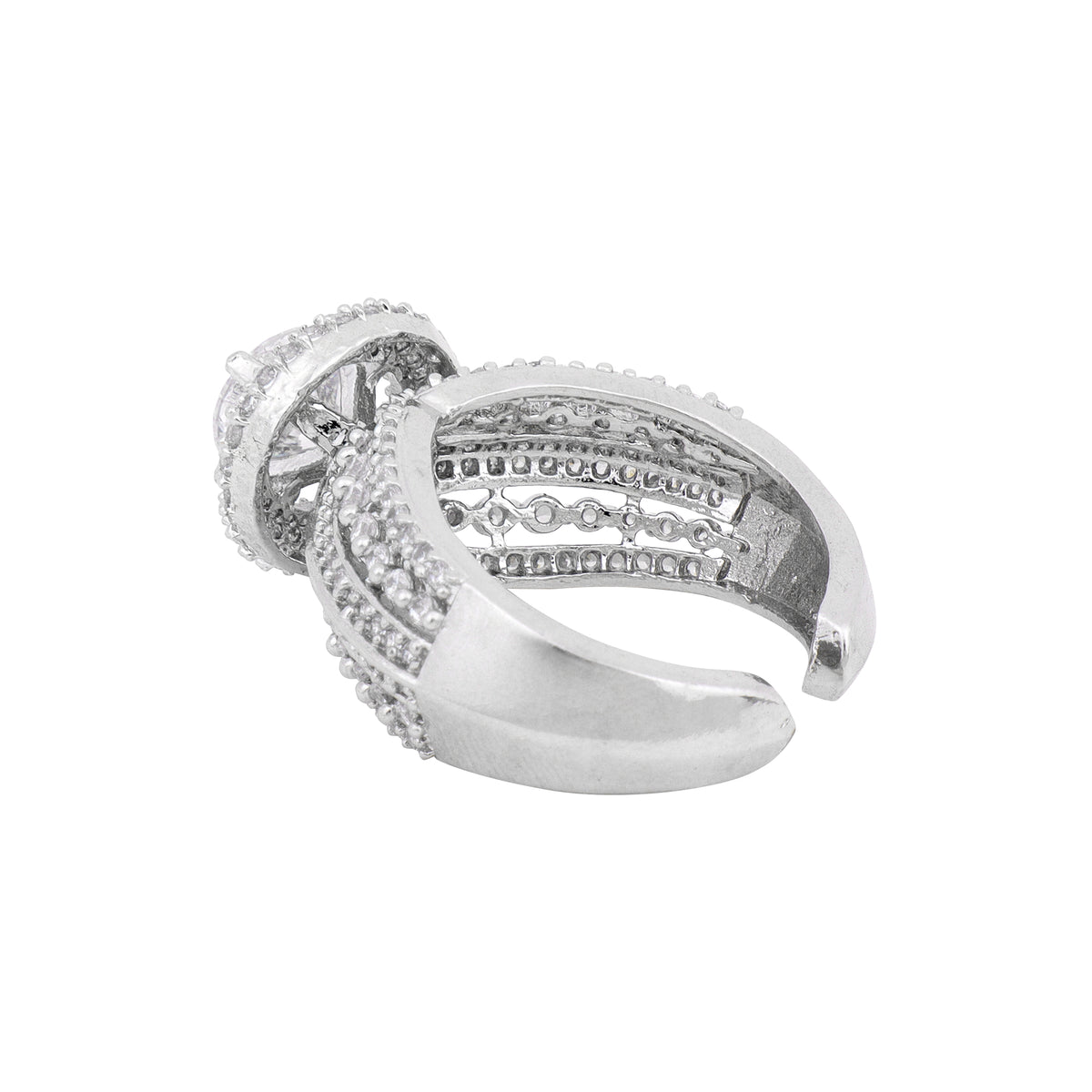 Glamorous Silver-Plated Faux Cubic Zirconia Intricate Statement Ring