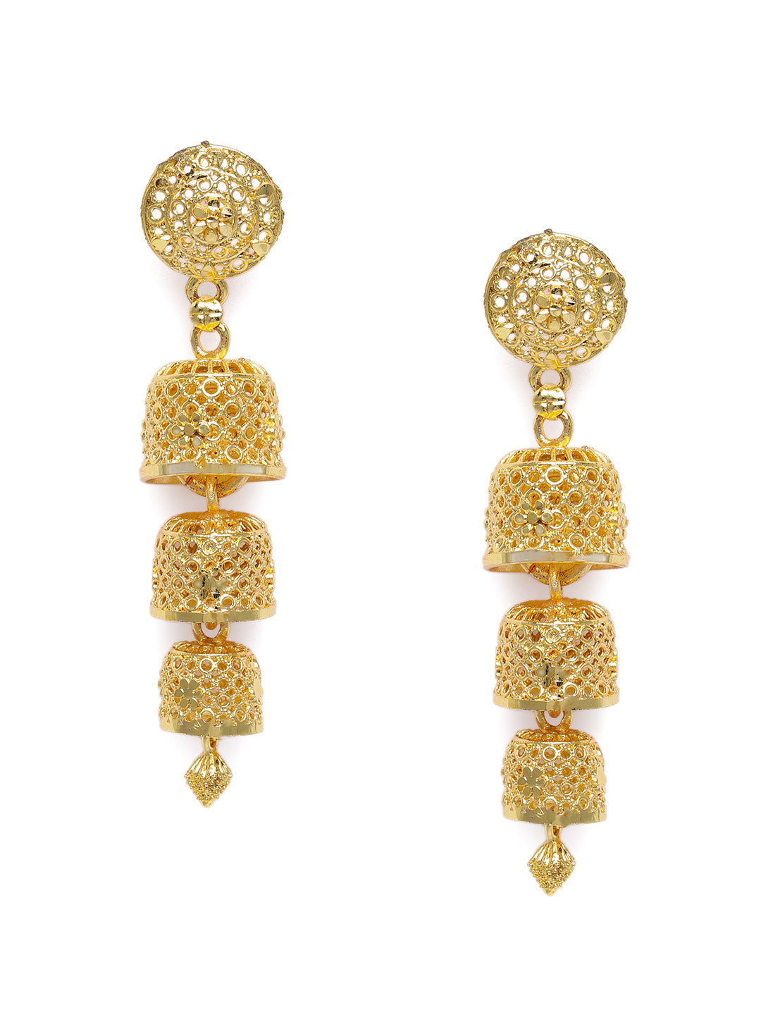 Regal Gold-Plated Multi-Tiered Dome Jhumka Earrings