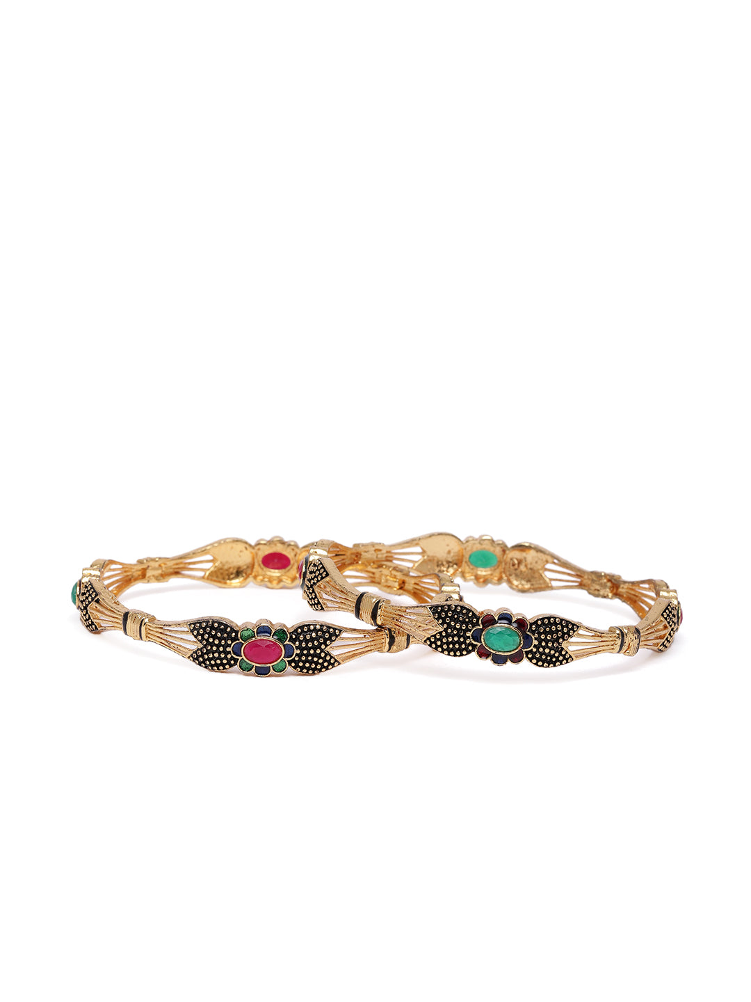 Exquisite Gold-Plated Ruby & Emerald Meenakari Statement Bangles (Set of 2)