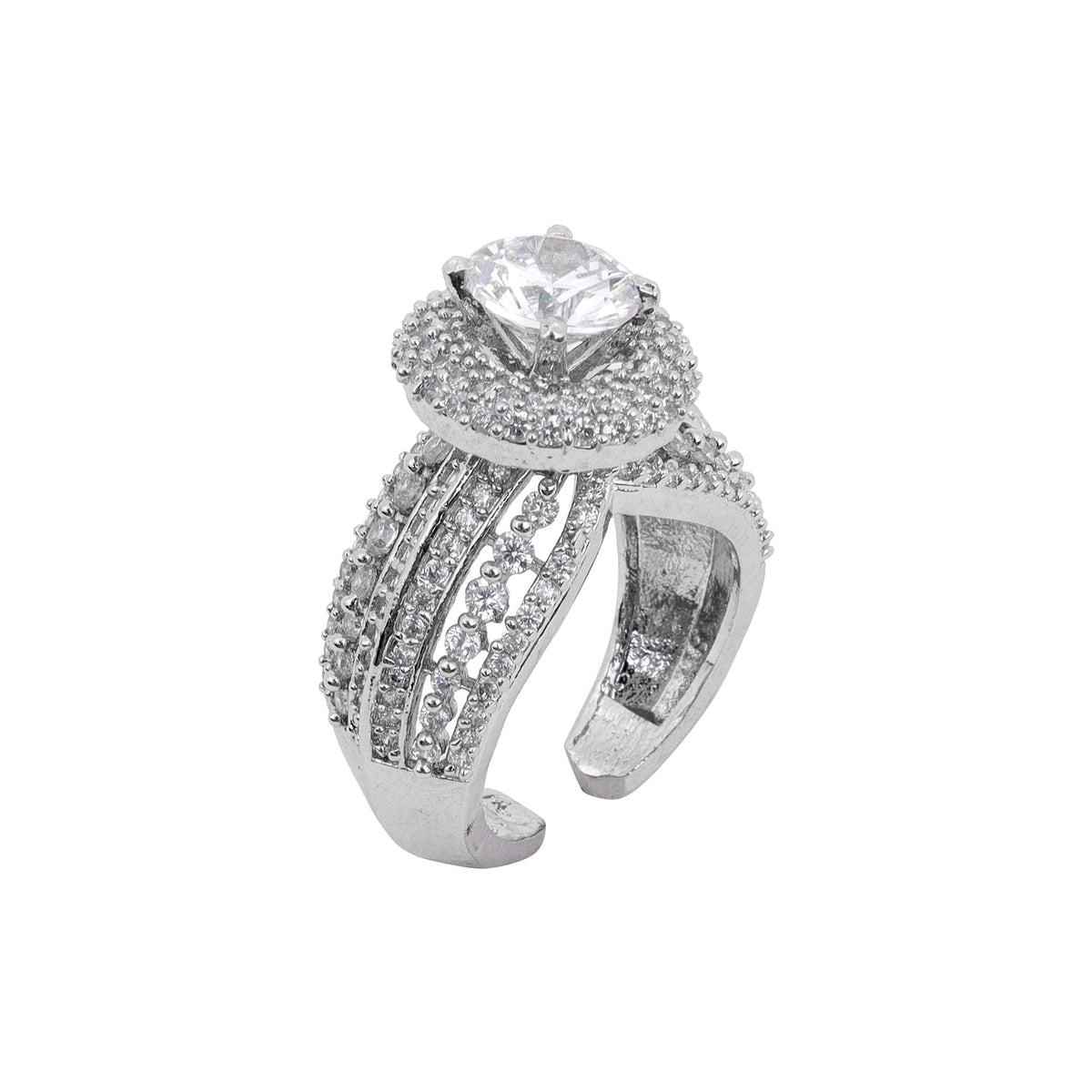 Glamorous Silver-Plated Faux Cubic Zirconia Intricate Statement Ring